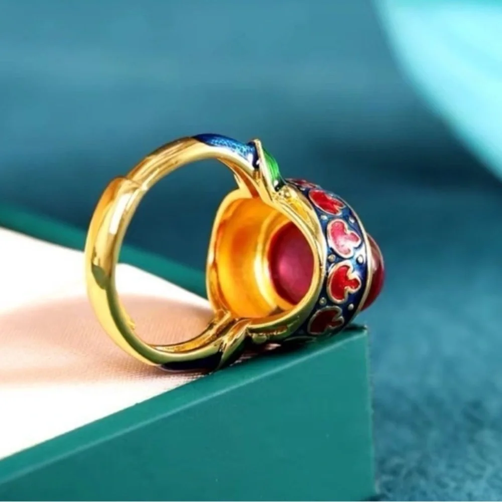 Ethnic Vintage Red Cabochon Enamel Ring